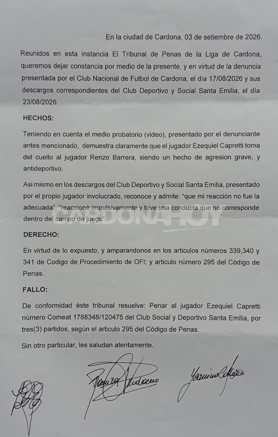 Tribunal de la Liga sancionó con tres partidos a Ezequiel Capretti — imagen 2