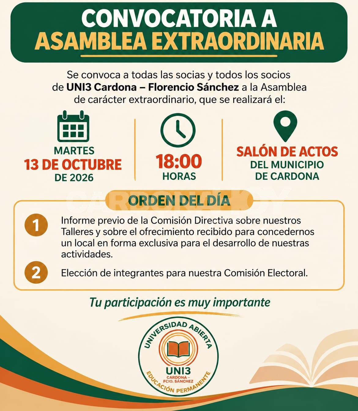 UNI3 Cardona Florencio Sánchez programa asamblea extraordinaria para octubre. — imagen 2